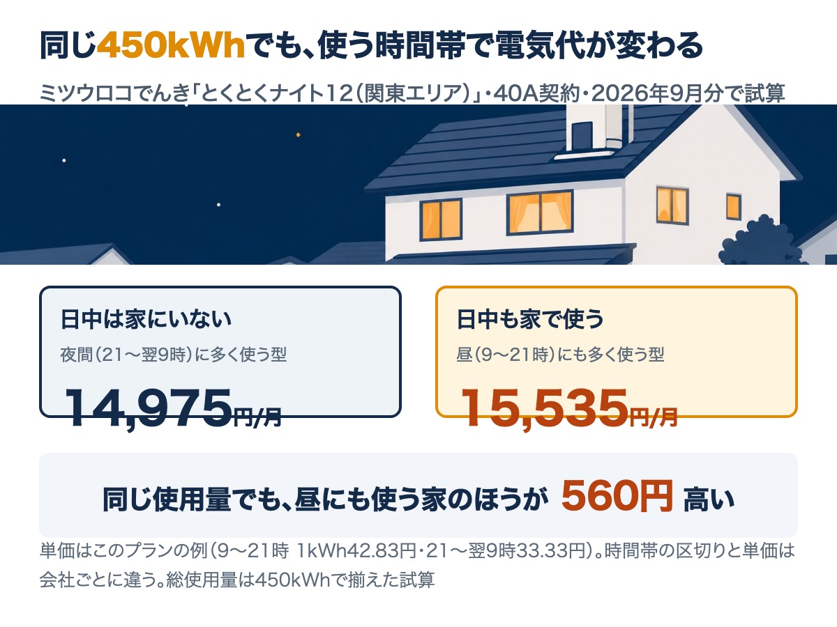 同じ450kWhでも、日中は家にいない使い方だと月14,975円、日中も家で使う使い方だと月15,535円になり、昼にも使う家のほうが560円高いことを示す図