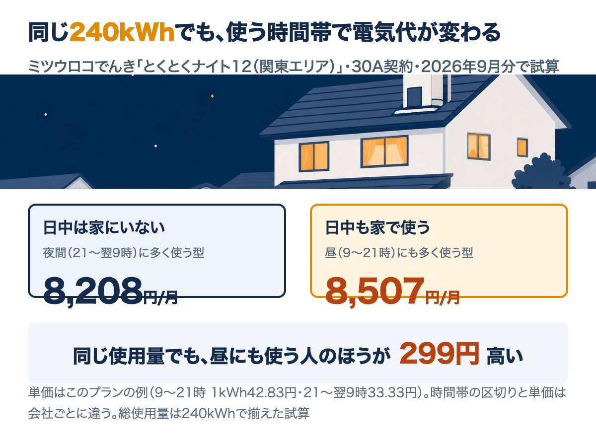 同じ240kWhでも、日中は家にいない使い方だと月8,208円、日中も家で使う使い方だと月8,507円になり、昼にも使う人のほうが299円高いことを示す図
