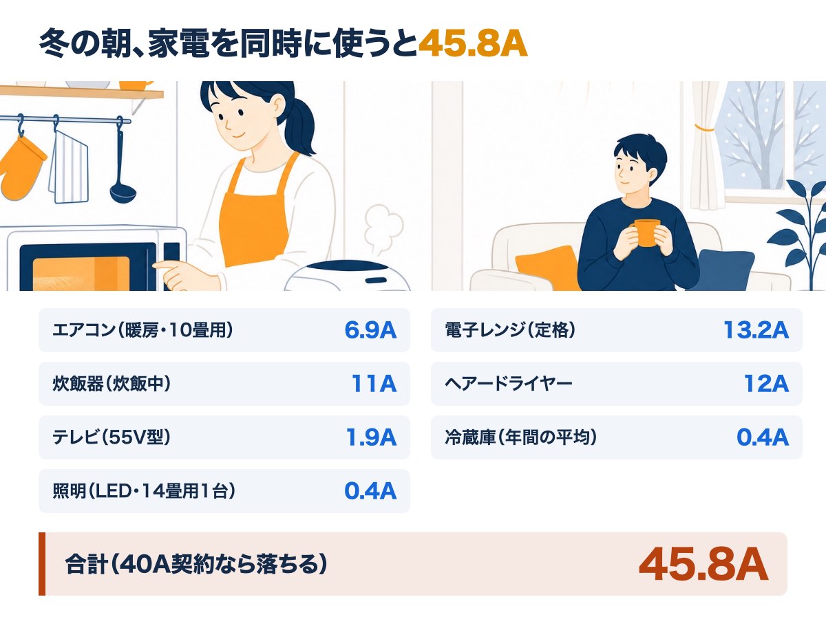 キッチンで電子レンジと炊飯器を同時に使い、リビングでエアコンと家電が動いている冬の朝の様子と、7つの家電の消費電力(A換算)、合計45.8A（40A契約なら落ちる）