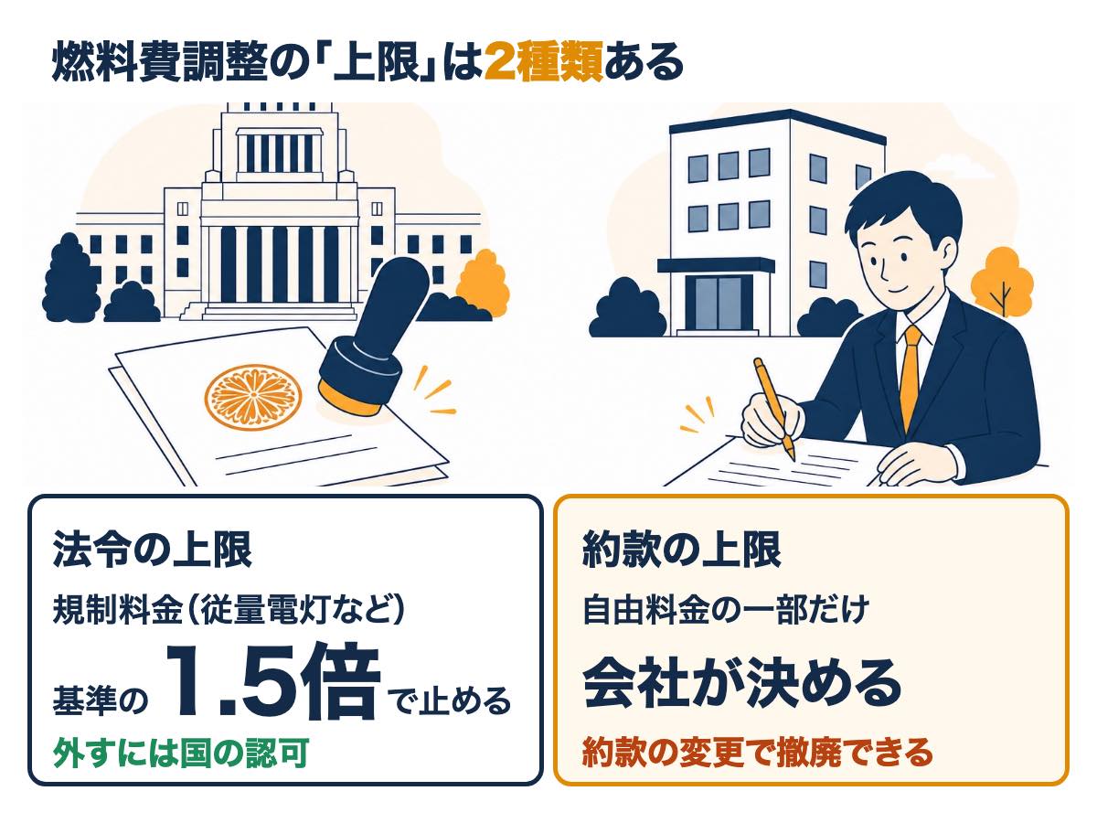燃料費調整の上限は2種類。規制料金の法令の上限は基準燃料価格の1.5倍で止め外すには国の認可が要る。自由料金の約款の上限は会社が決め撤廃できる