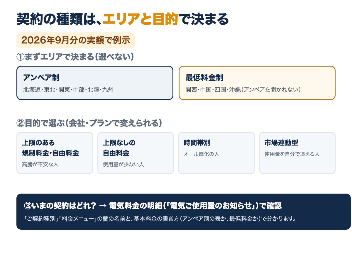 電気契約の選び方フローチャート。エリアでアンペア制か最低料金制かが決まり、目的で規制料金・自由料金・時間帯別・市場連動型を選ぶ。明細で今の契約を確認する手順も示す