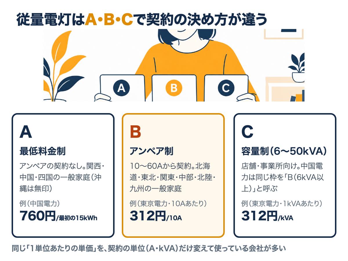 従量電灯A・B・Cの決め方の違い。Aは最低料金制でアンペア契約がなく、Bは10〜60Aのアンペア制、Cは6〜50kVAの容量制で店舗・事業所向け