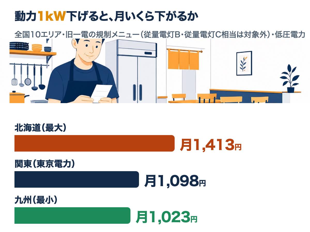 全国10エリアの旧一電で、動力(低圧電力相当)を1kW下げたときの基本料金の下がり幅。北海道1,413円が最大、九州1,023円が最小(2026年9月分)