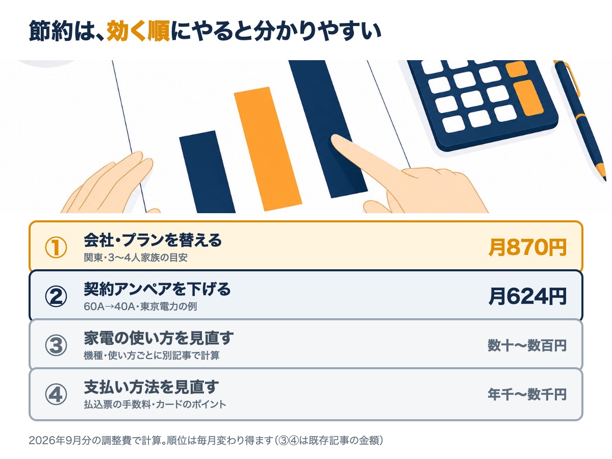 電気代の節約の効く順。①会社・プランを替える月870円②契約アンペアを下げる月624円③家電の使い方は数十〜数百円④支払い方法は年千〜数千円であることを示す図