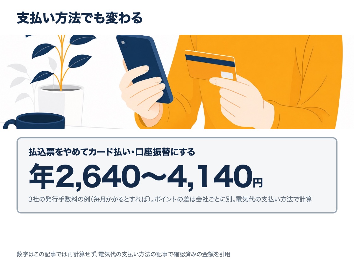 支払い方法の節約効果の例。払込票をやめてカード払い・口座振替にすると年2,640〜4,140円の発行手数料がかからないことを示す図
