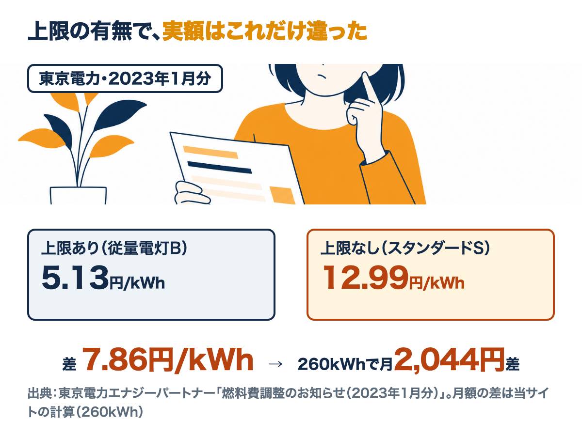 2023年1月分の東京電力。上限ありの従量電灯Bは5.13円、上限なしのスタンダードSは12.99円で、260kWhなら月2,044円の差