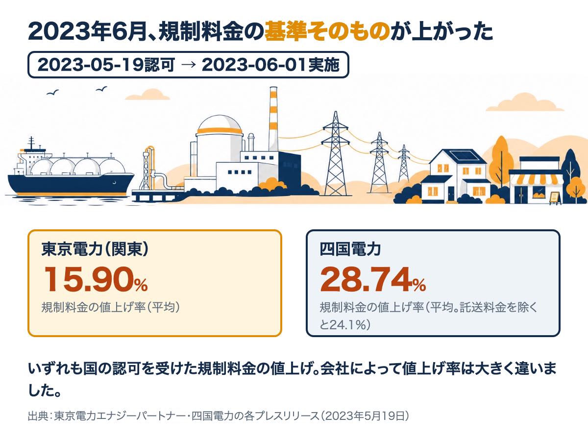 2023年6月、国の認可を受けて規制料金の基準が値上げされたことを示す図。東京電力は平均15.90%、四国電力は平均28.74%（託送料金を除くと24.10%）