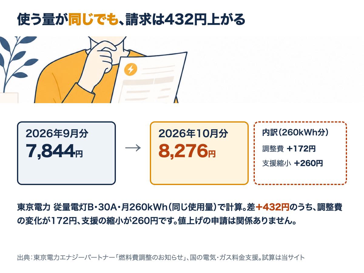 使う量が同じ260kWhでも、調整費の変化(+172円)と政府支援の縮小(+260円)を合わせて、請求が7,844円から8,276円へ432円上がることを示す図