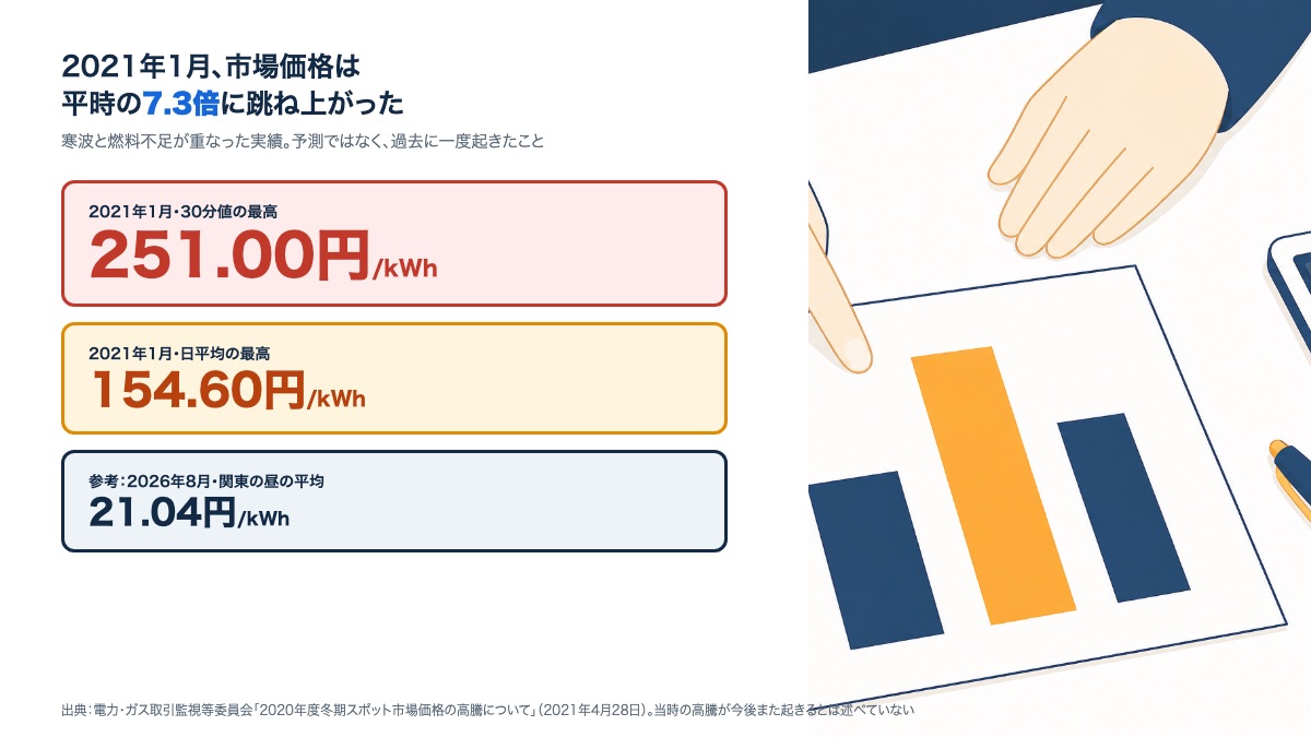 2021年1月の市場価格の高騰の実績。30分値の最高251.00円、日平均の最高154.60円/kWh。参考として2026年8月使用分・関東の昼の平均21.04円/kWhを並べた図