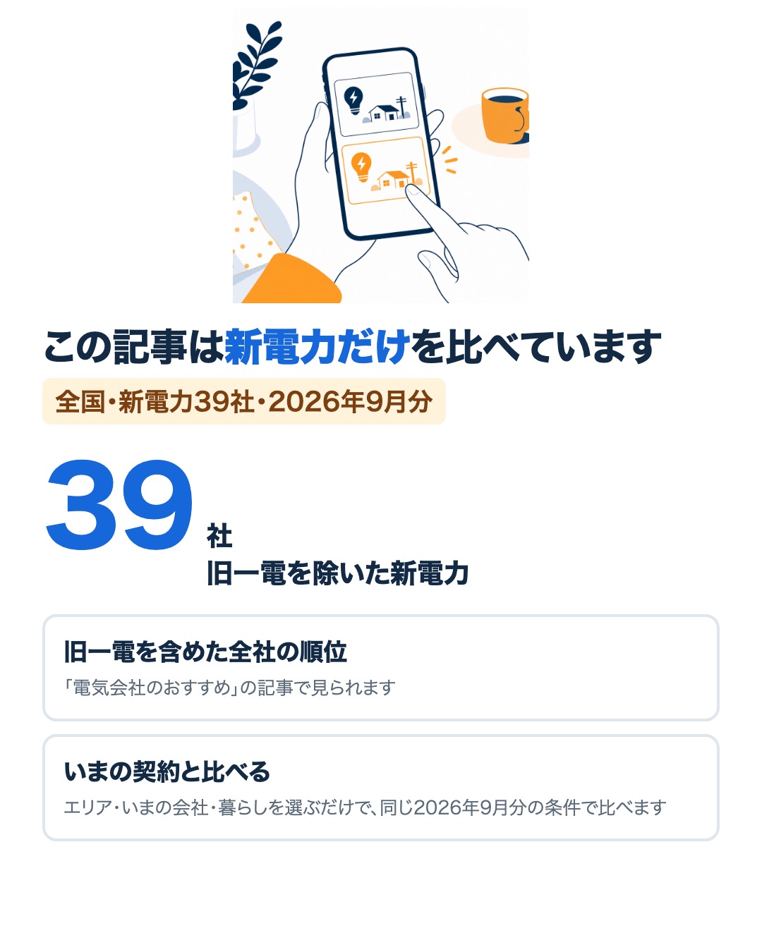 この記事は新電力だけを比べている。全国で比べた新電力は39社。旧一電を含めた全社の順位は別記事、いまの契約との比較は診断ページで