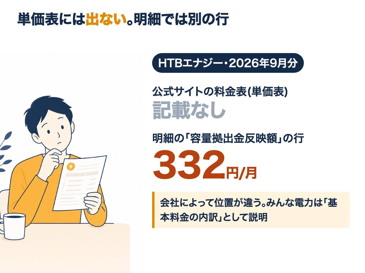 HTBエナジーの2026年9月分。公式サイトの料金表には容量拠出金反映額の記載がなく、明細の別の行で332円が載ることを示す図